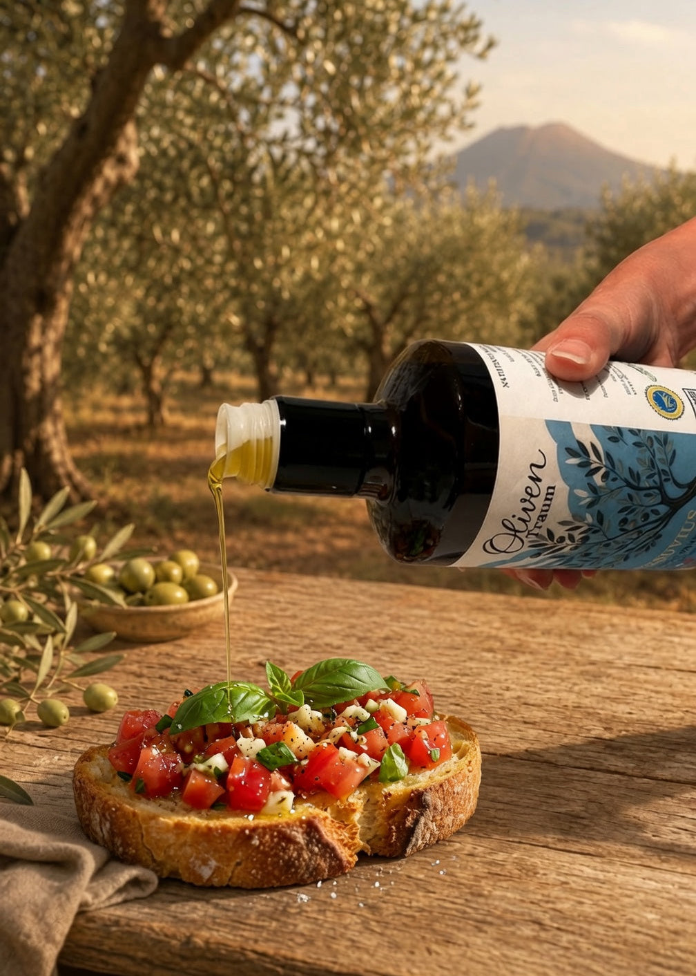 Vesuvius Olivenöl auf mediterranem Salat / Bruschetta